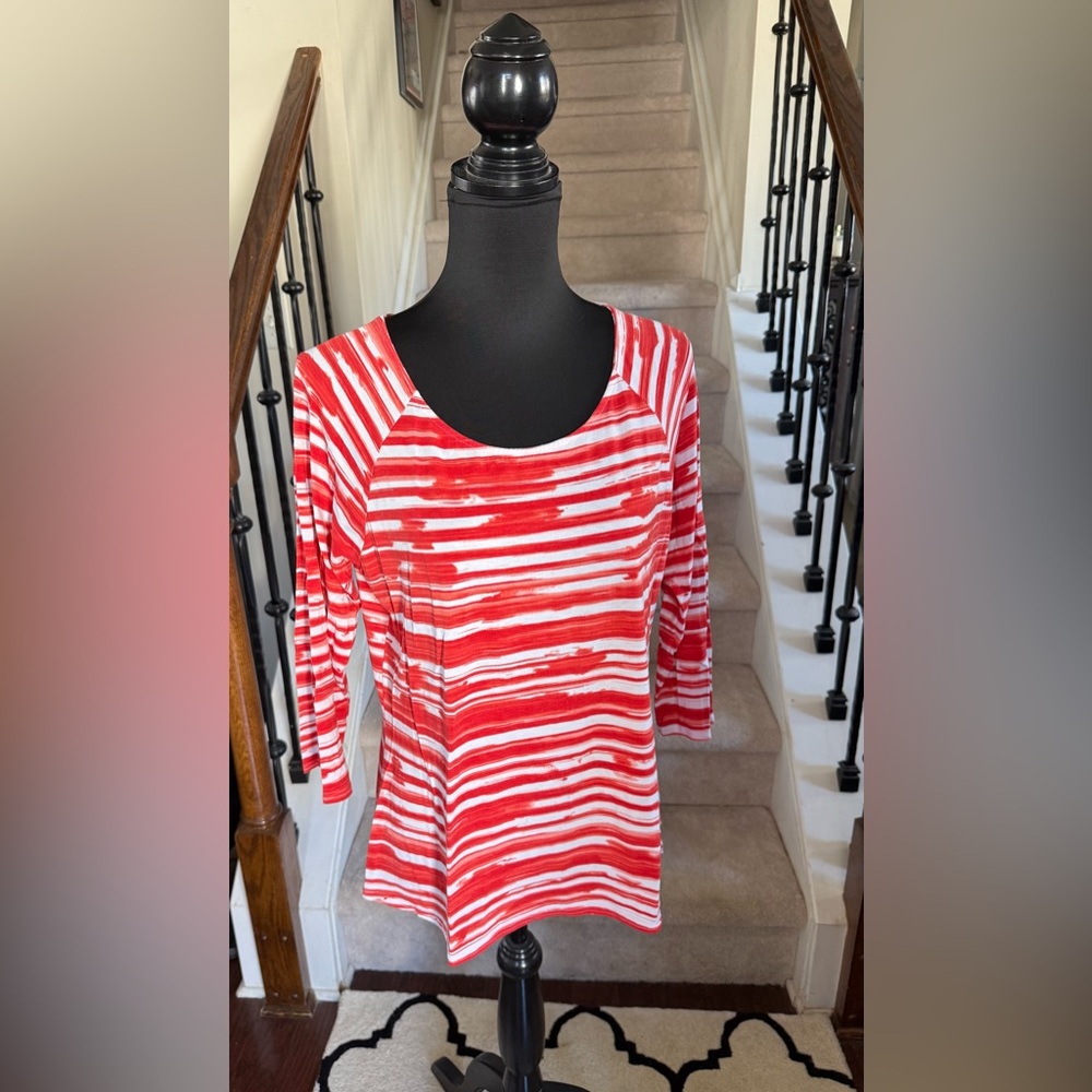 Peck & Peck Red and White Striped Scoop Neck Long Sleeve Top